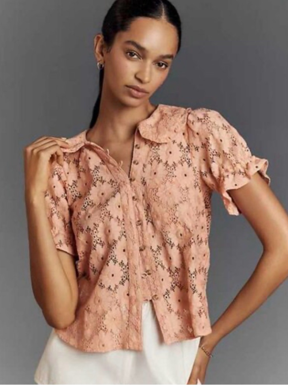 PILCRO Kiera Lace Button Front Blouse Women XS Lagonlook Floral Cottage Coastal